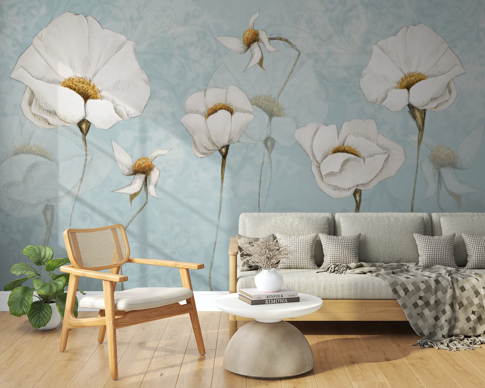 Papier peint Les coquelicots sont blancs comme la neige, sur des troncs hauts et délicats.