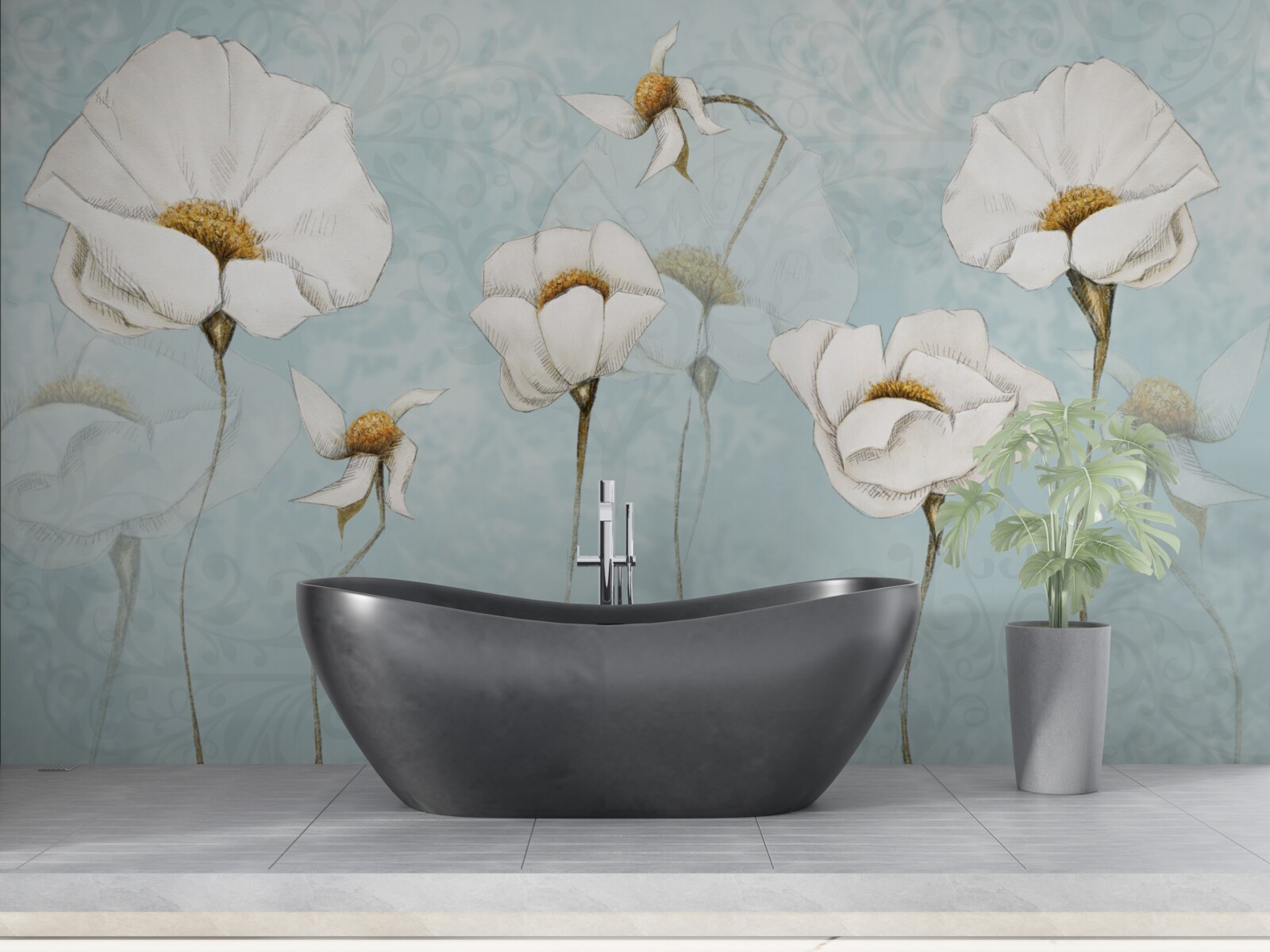 Papier peint Les coquelicots sont blancs comme la neige, sur des troncs hauts et délicats.