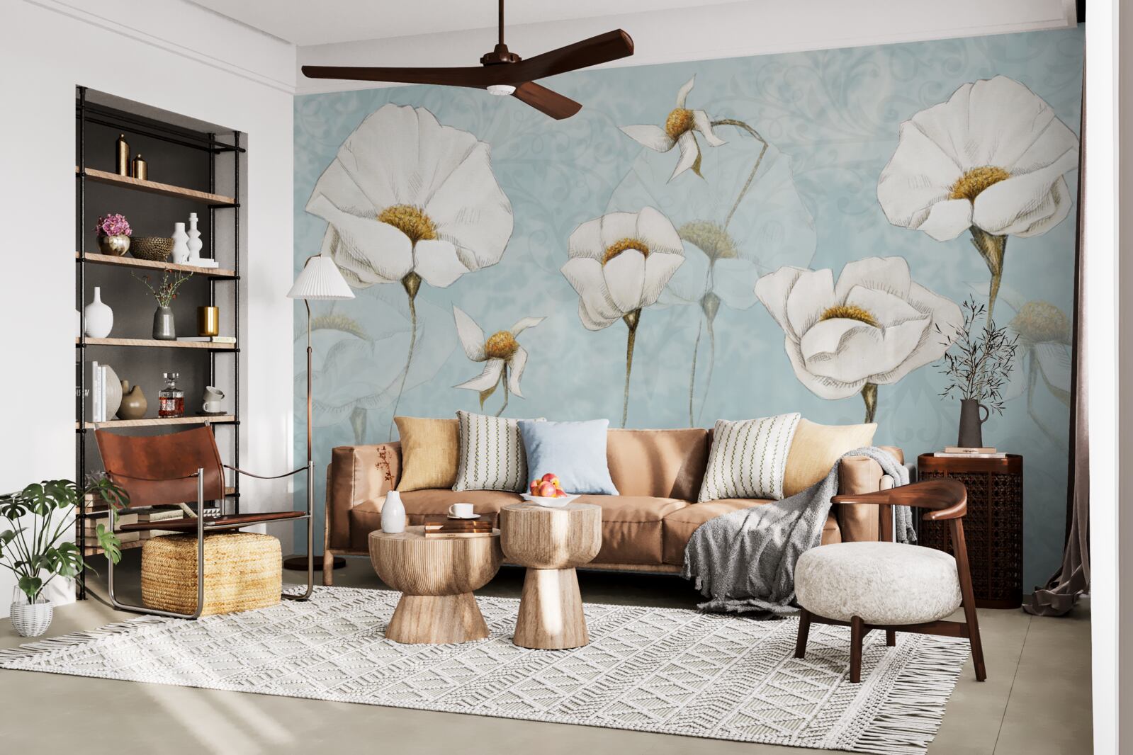 Papier peint Les coquelicots sont blancs comme la neige, sur des troncs hauts et délicats.