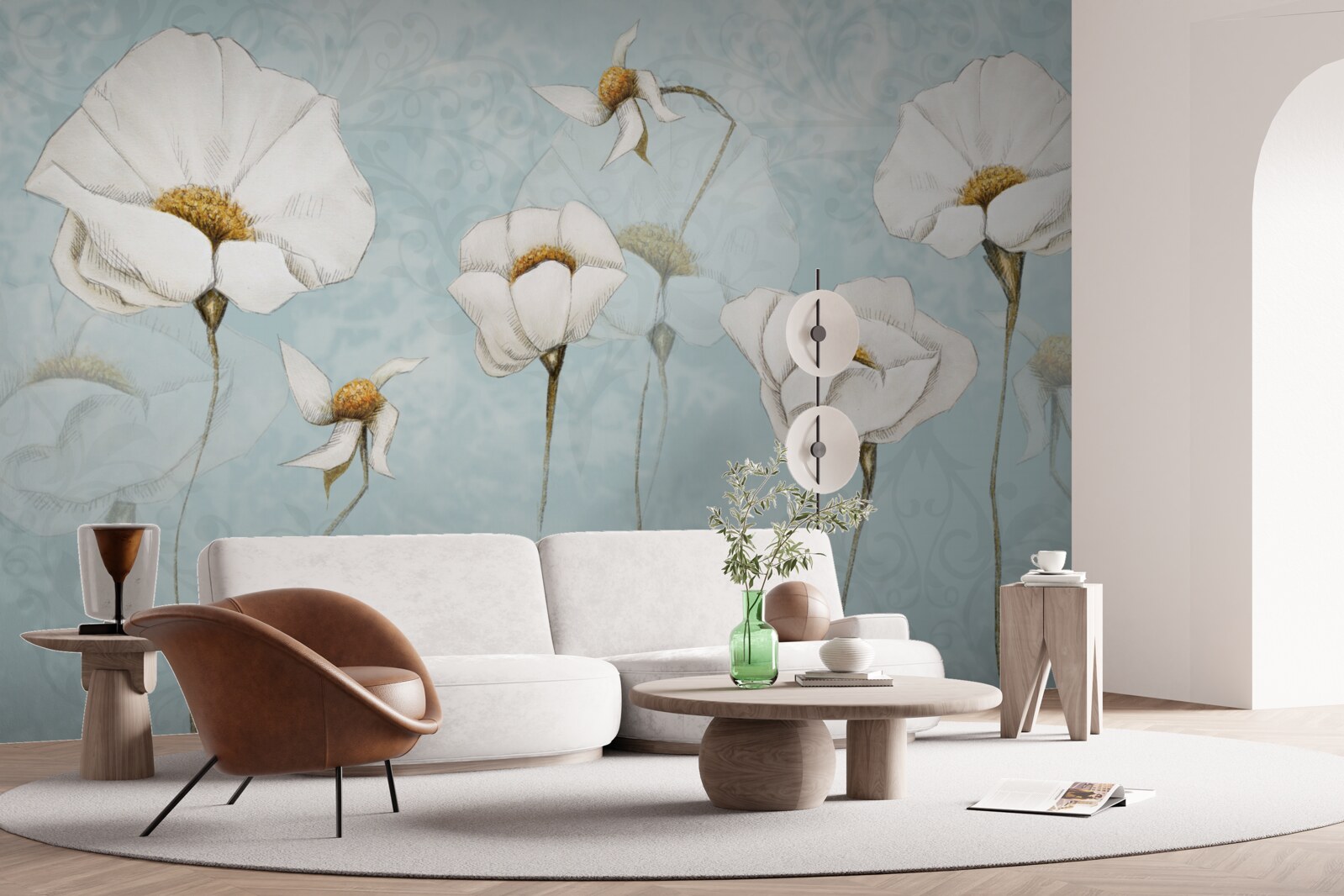 Papier peint Les coquelicots sont blancs comme la neige, sur des troncs hauts et délicats.