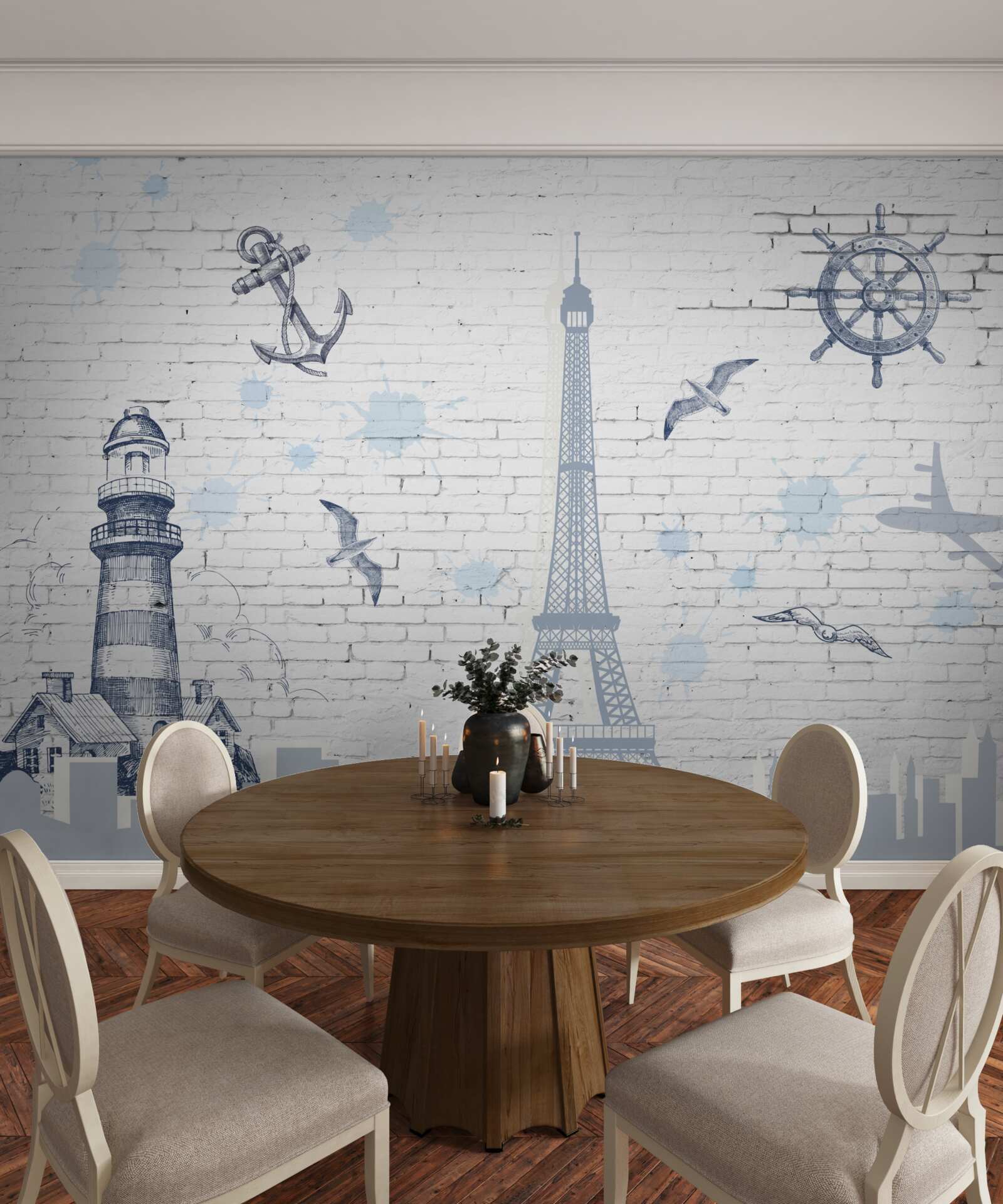 Papier peint Tour Eiffel et phare sur le mur