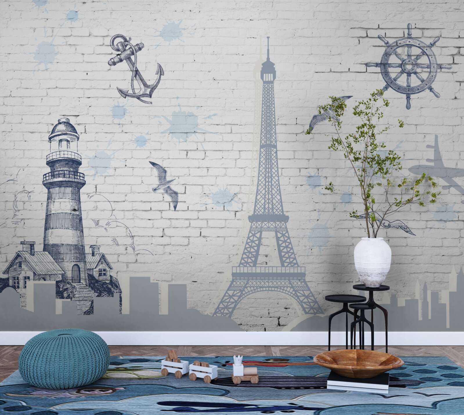 Papier peint Tour Eiffel et phare sur le mur