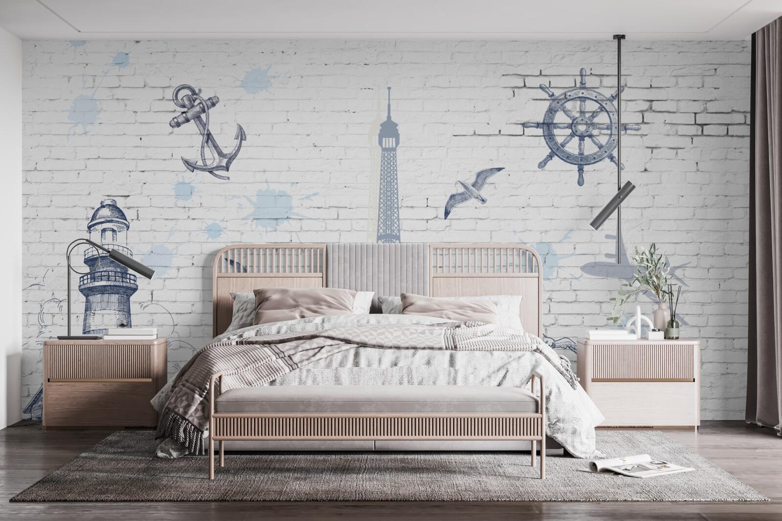 Papier peint Tour Eiffel et phare sur le mur