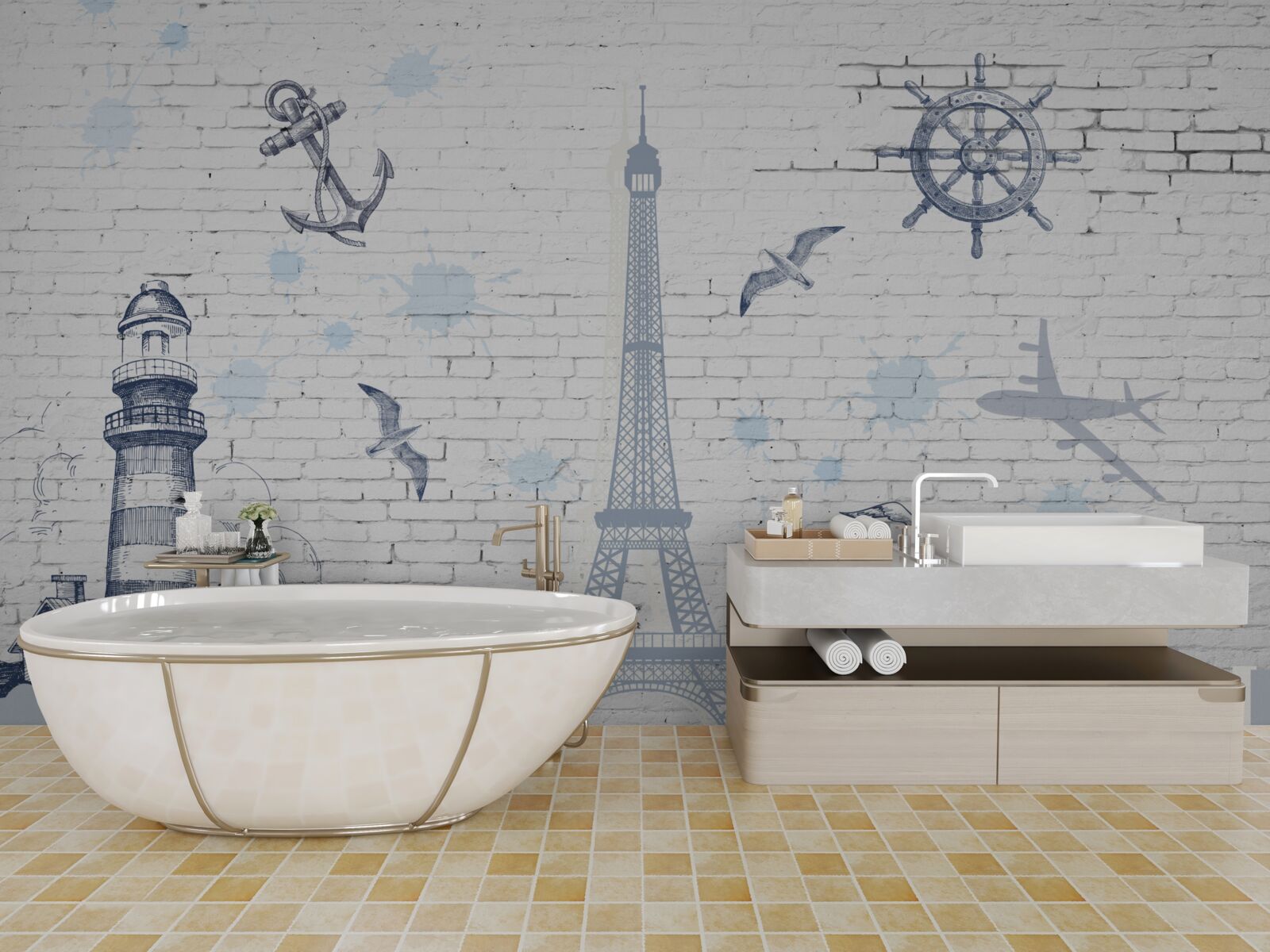 Papier peint Tour Eiffel et phare sur le mur