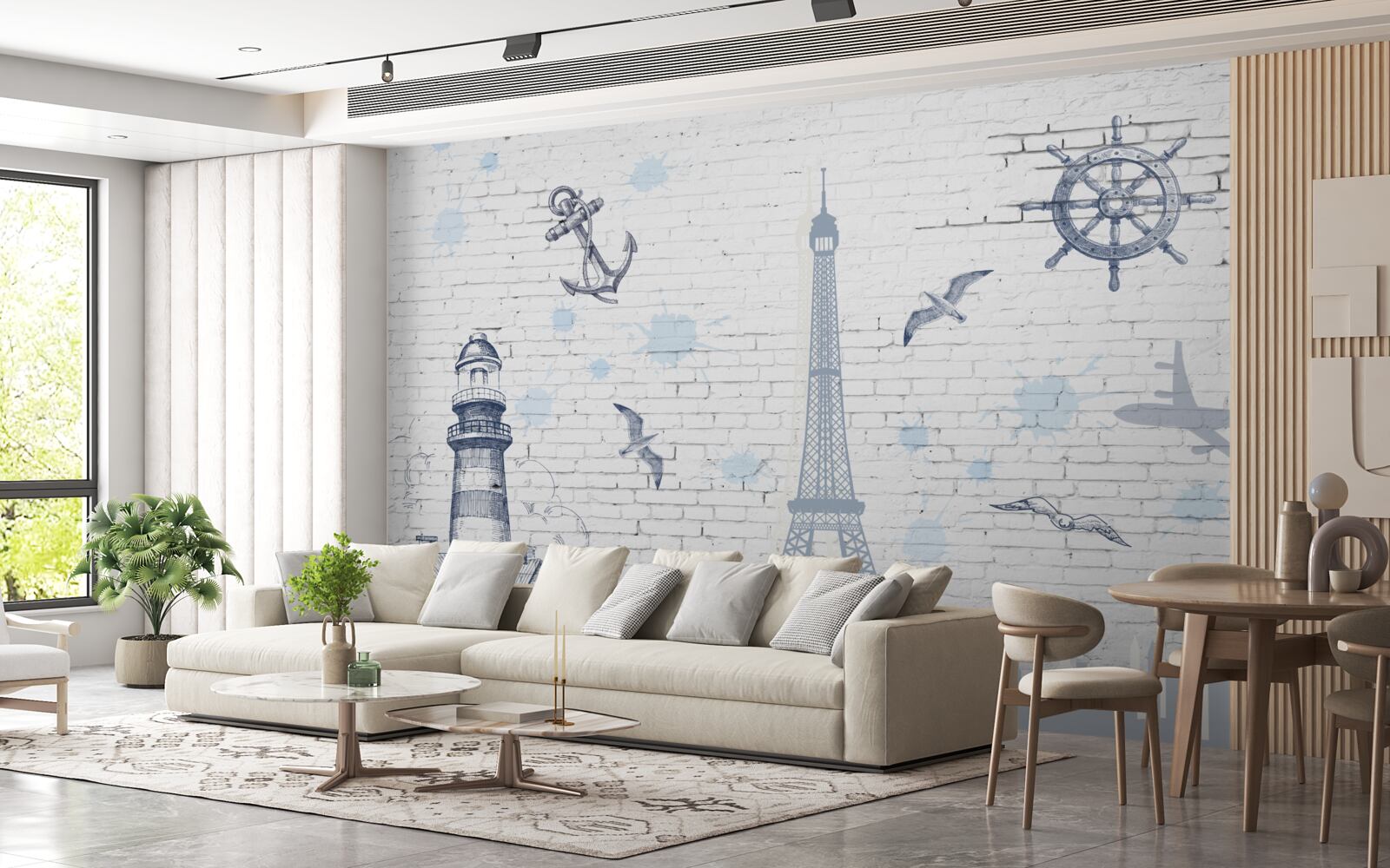 Papier peint Tour Eiffel et phare sur le mur