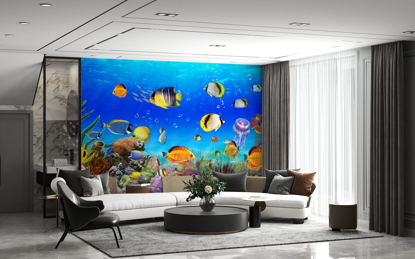 Papier peint poisson coloré dans l'eau bleue