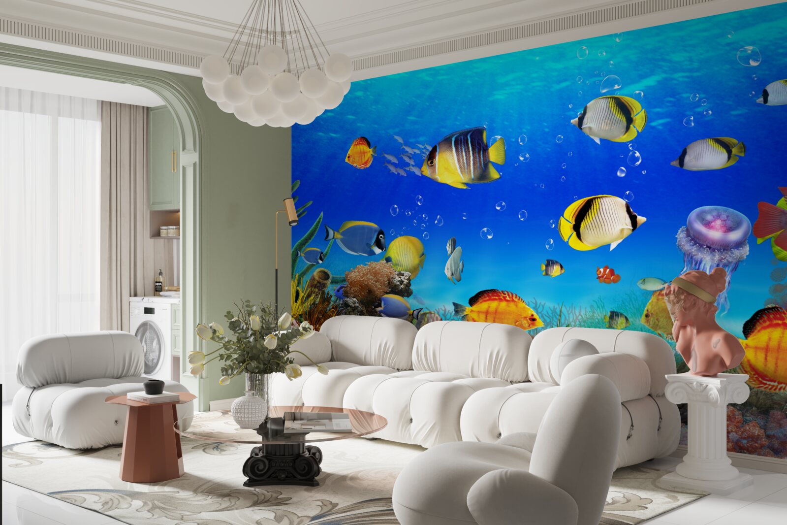 Papier peint poisson coloré dans l'eau bleue