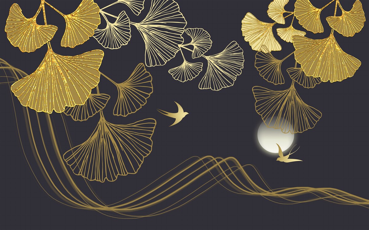 Papier peint des feuilles aux teintes dorées et des vagues de la mer