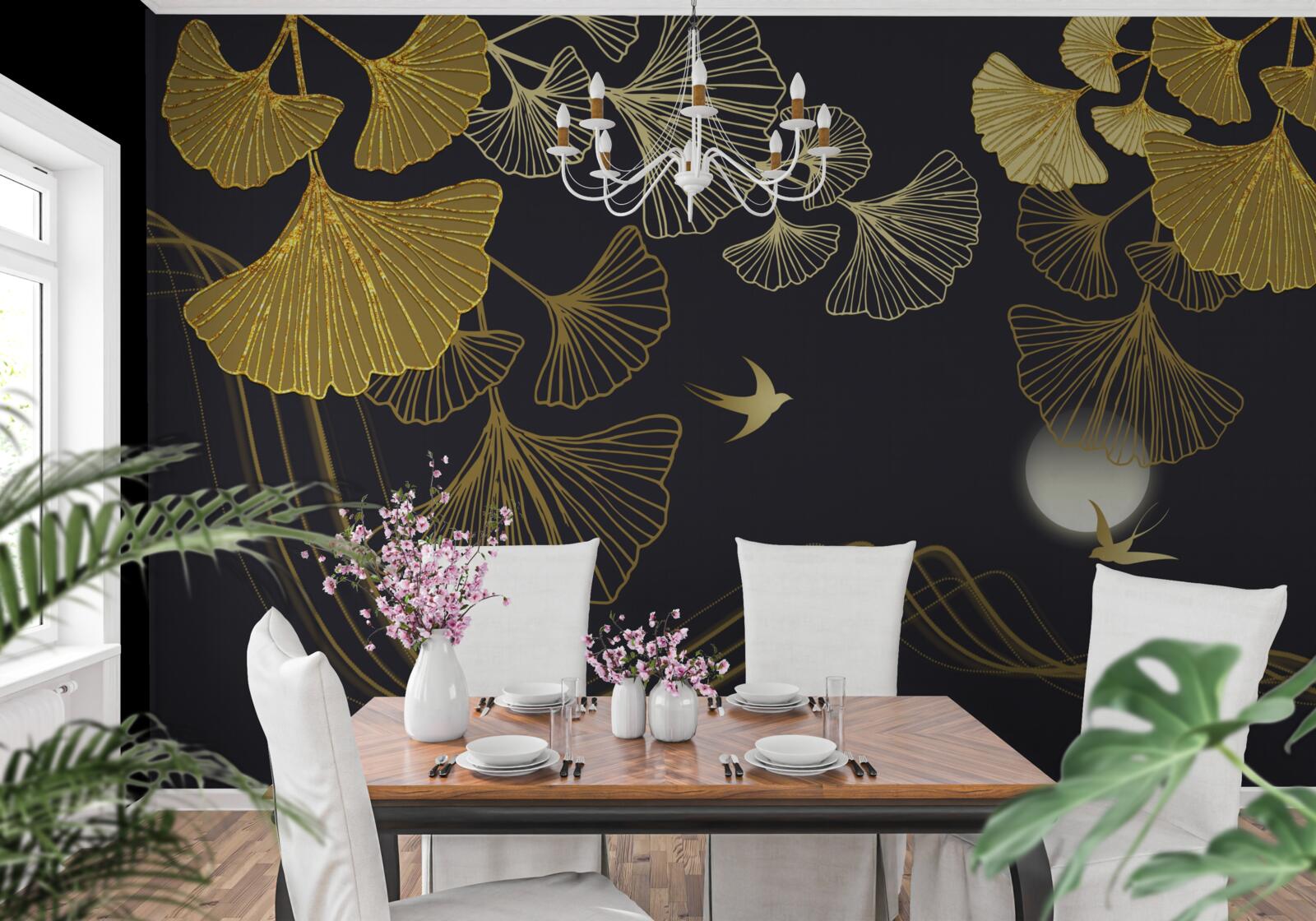 Papier peint des feuilles aux teintes dorées et des vagues de la mer