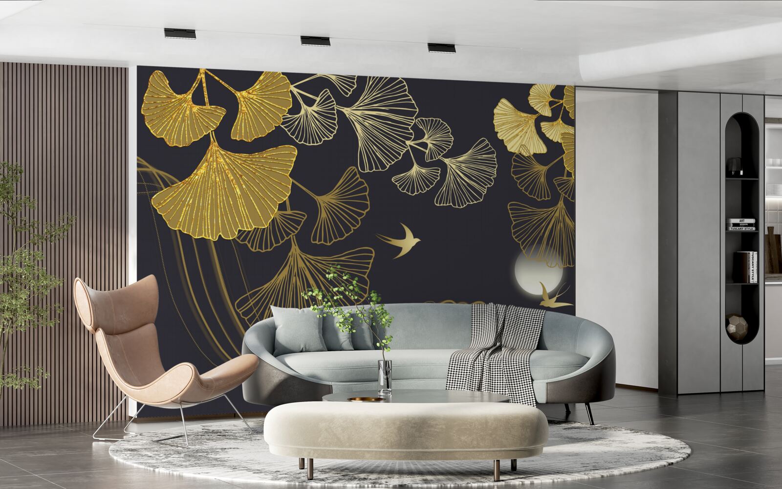 Papier peint des feuilles aux teintes dorées et des vagues de la mer