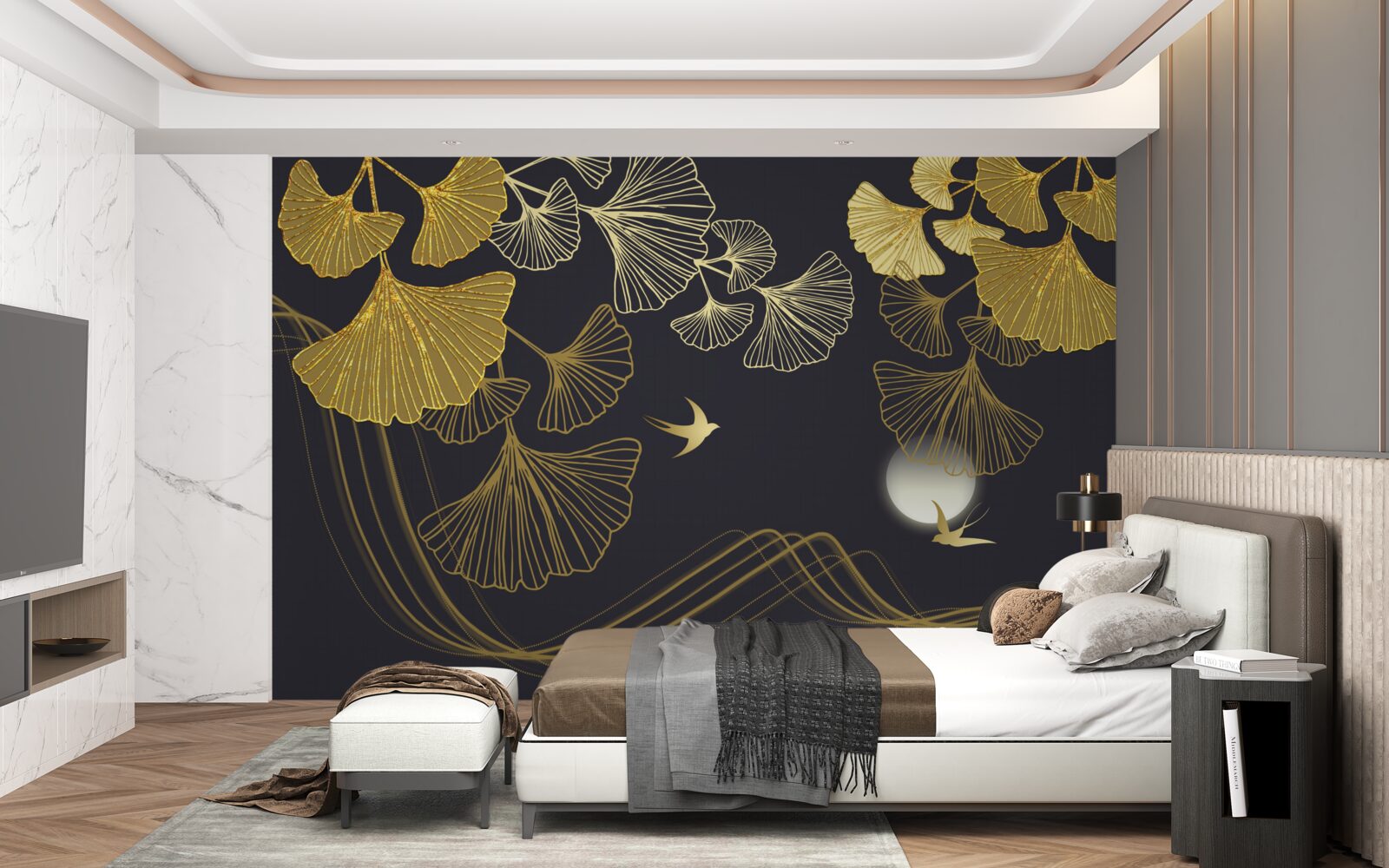 Papier peint des feuilles aux teintes dorées et des vagues de la mer