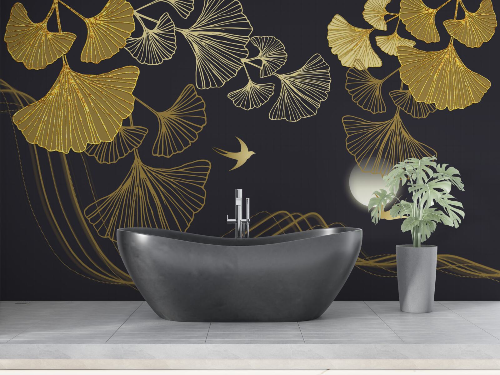 Papier peint des feuilles aux teintes dorées et des vagues de la mer