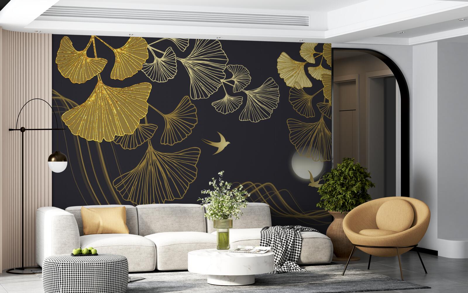 Papier peint des feuilles aux teintes dorées et des vagues de la mer