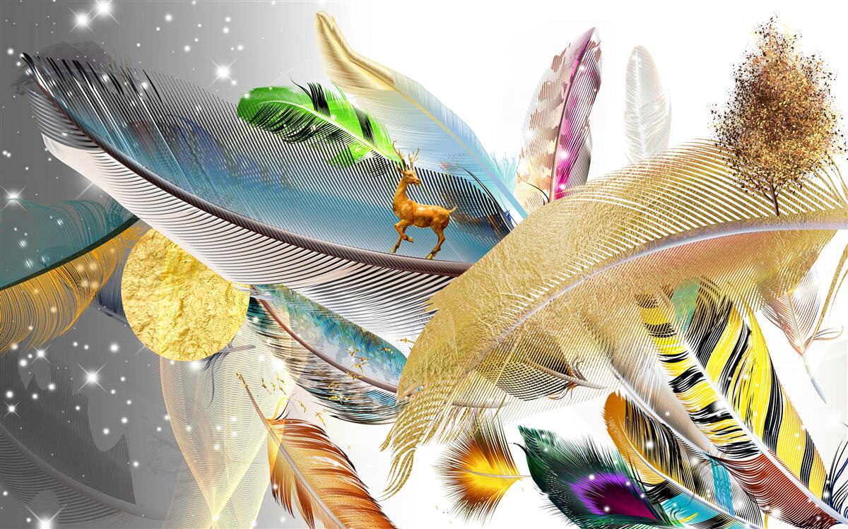 Papier peint parmi les plumes brillantes se trouve un cerf