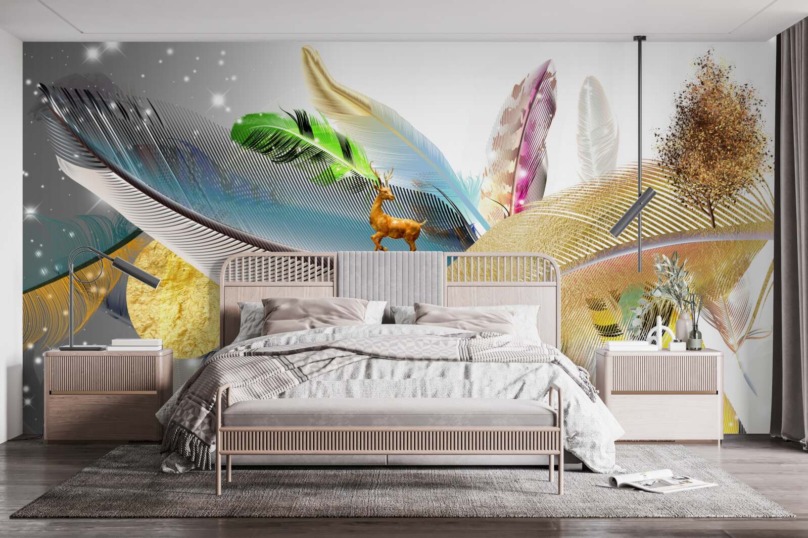 Papier peint parmi les plumes brillantes se trouve un cerf