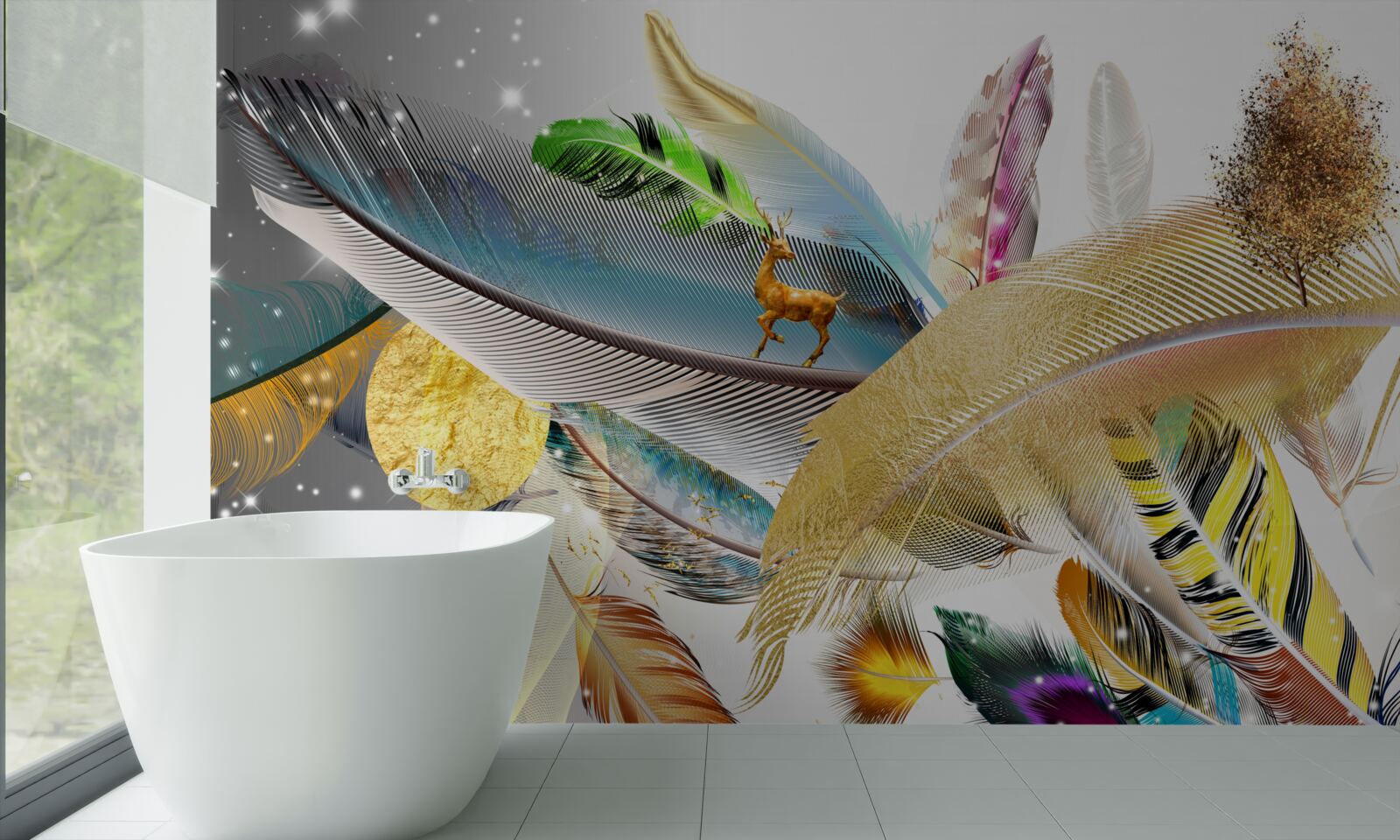 Papier peint parmi les plumes brillantes se trouve un cerf