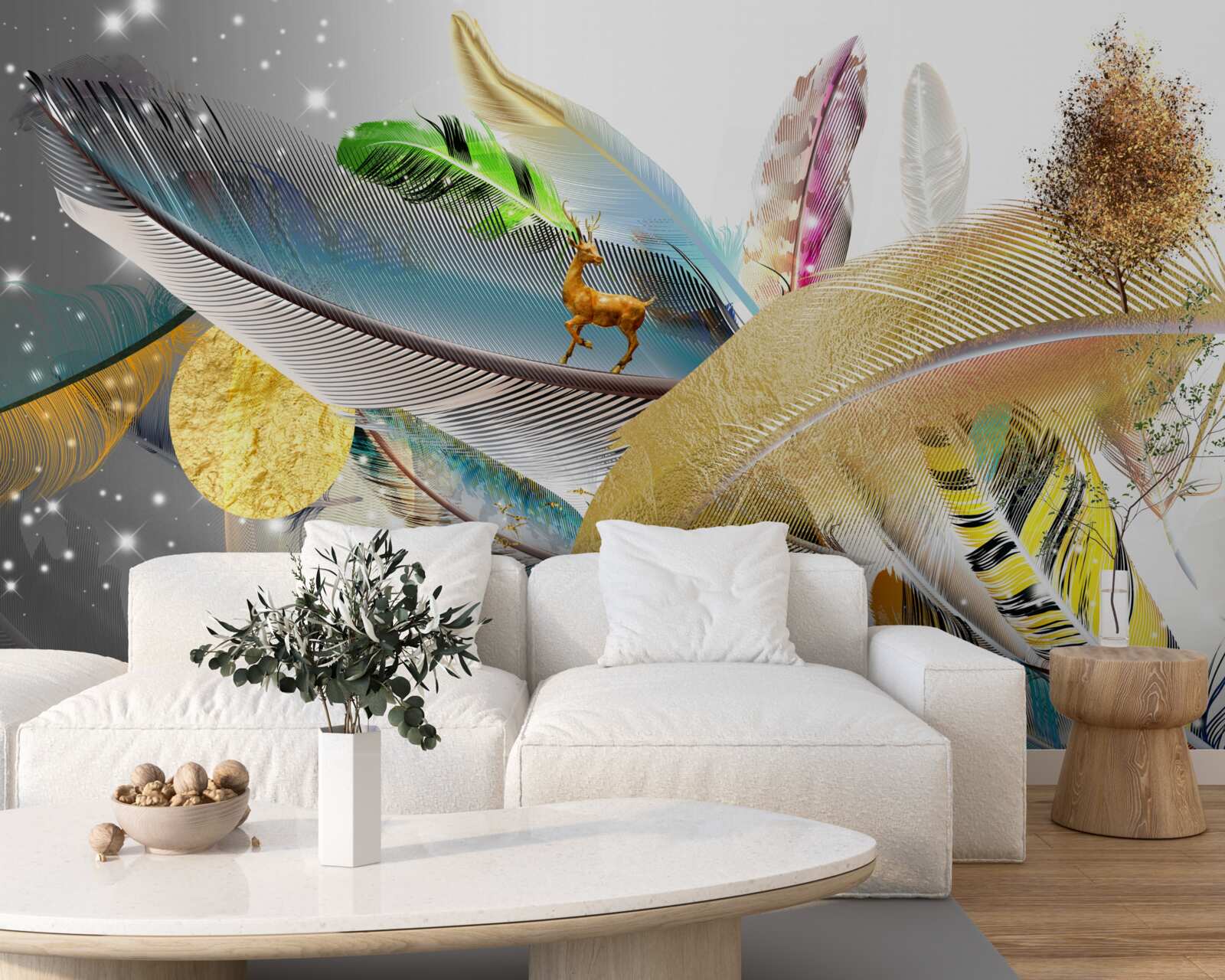 Papier peint parmi les plumes brillantes se trouve un cerf