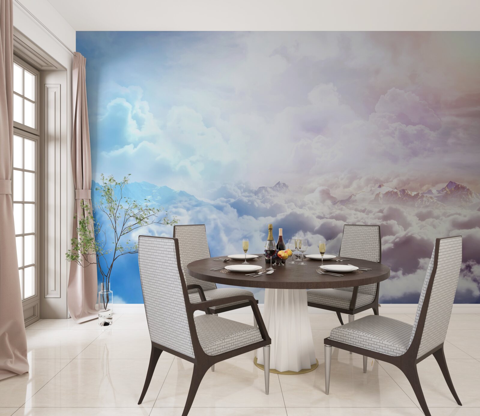 Papier peint un firmament de nuages dans les tons roses et bleus