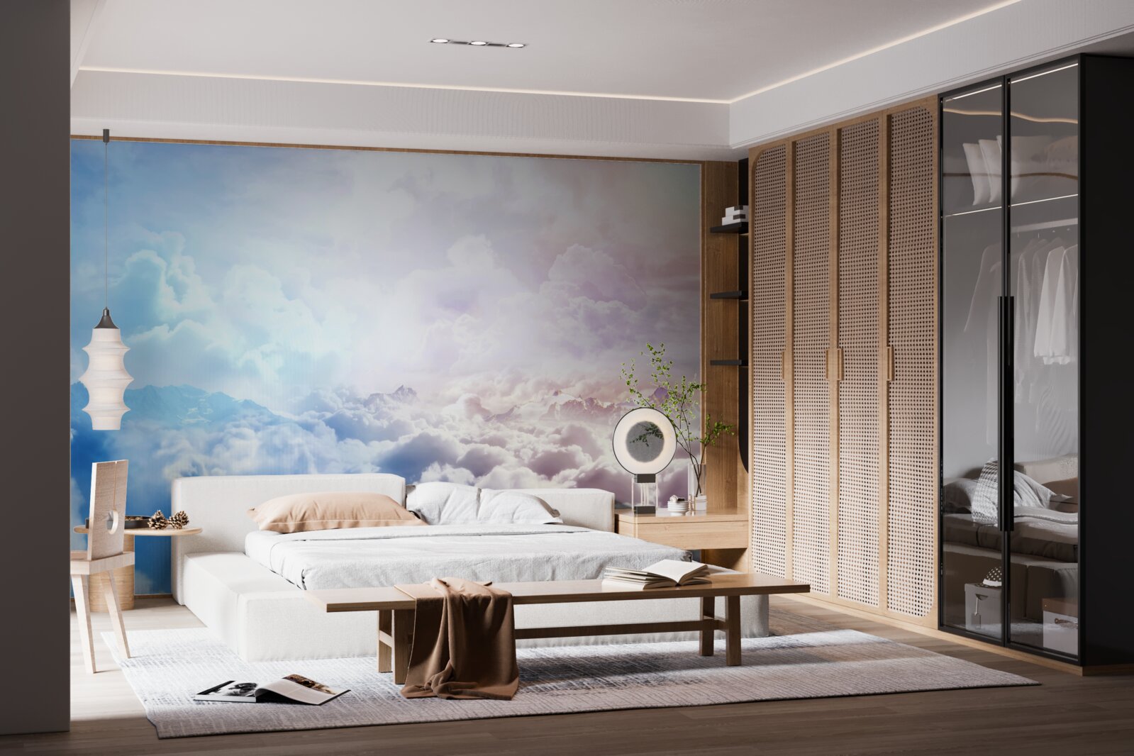 Papier peint un firmament de nuages dans les tons roses et bleus