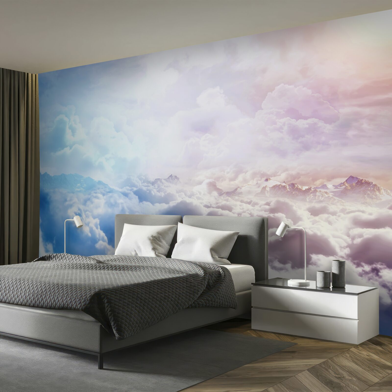 Papier peint un firmament de nuages dans les tons roses et bleus