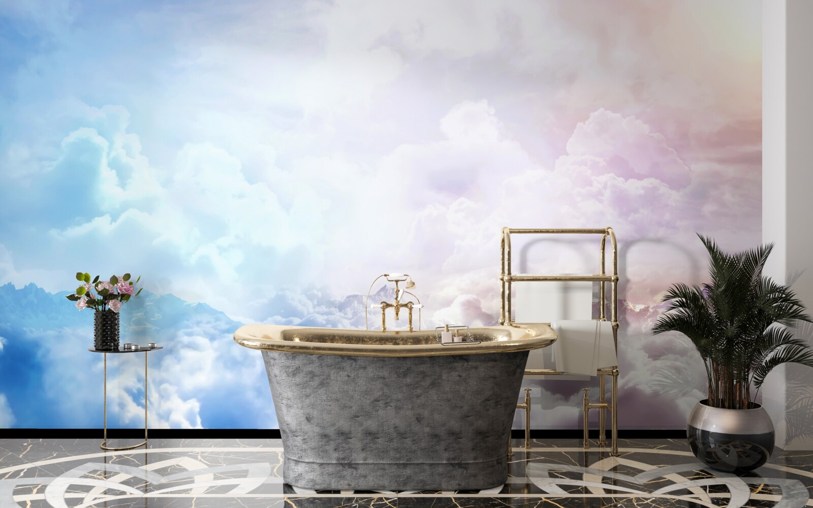 Papier peint un firmament de nuages dans les tons roses et bleus