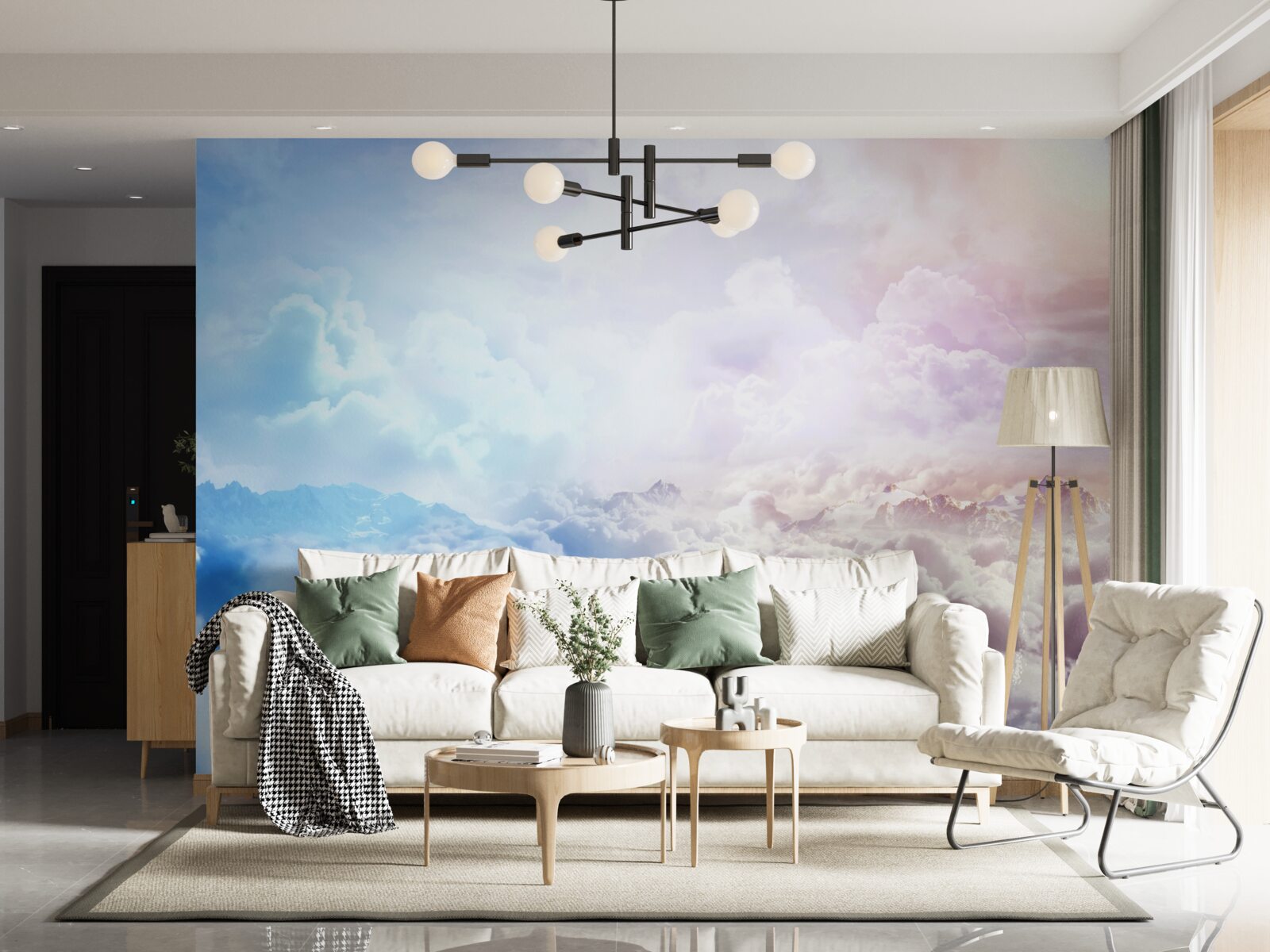 Papier peint un firmament de nuages dans les tons roses et bleus