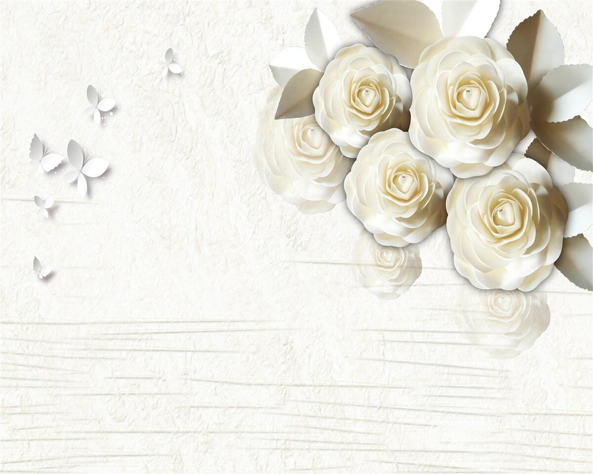 Papier peint papillons et roses blanches