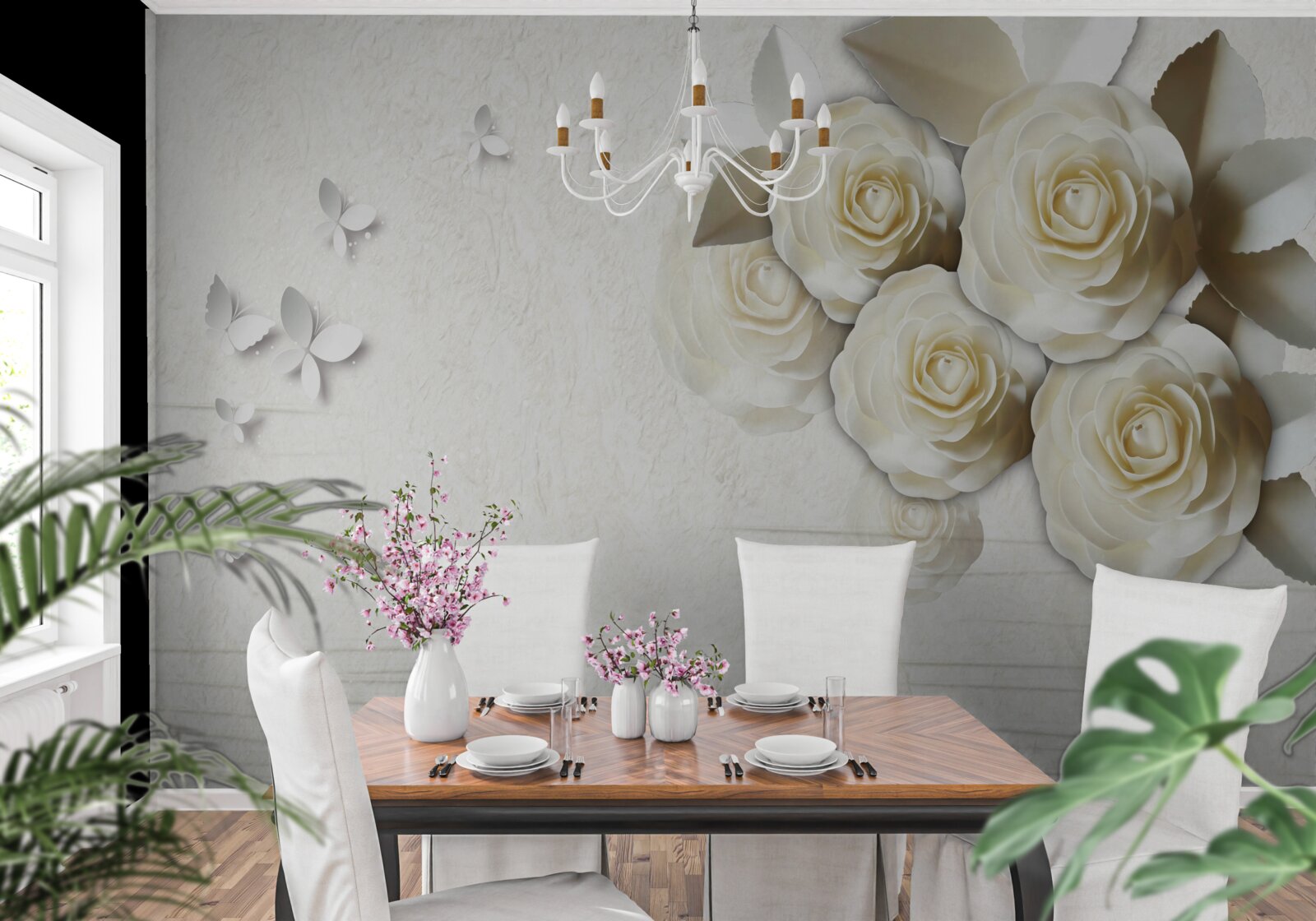 Papier peint papillons et roses blanches