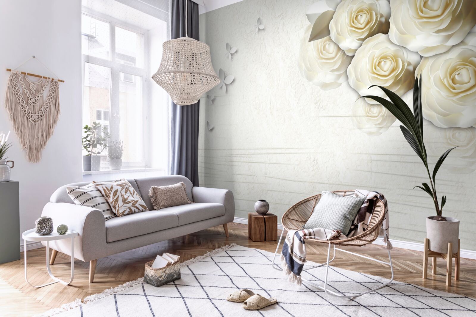 Papier peint papillons et roses blanches