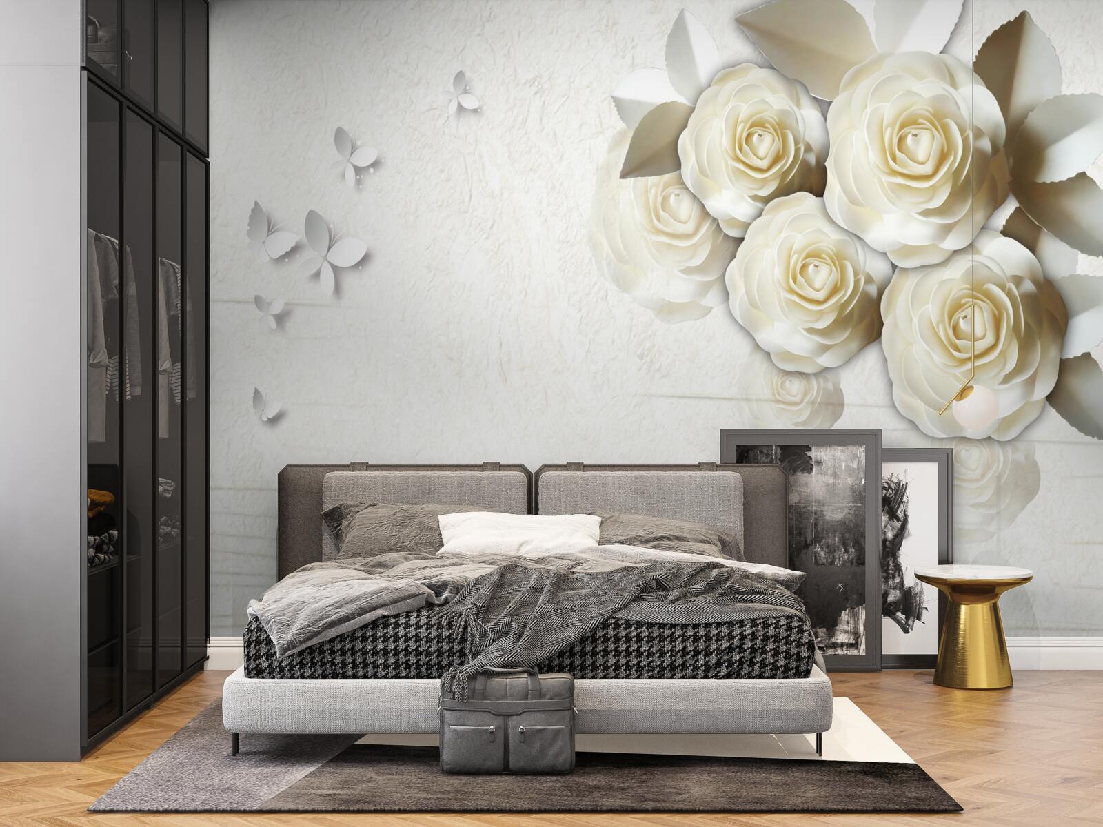 Papier peint papillons et roses blanches