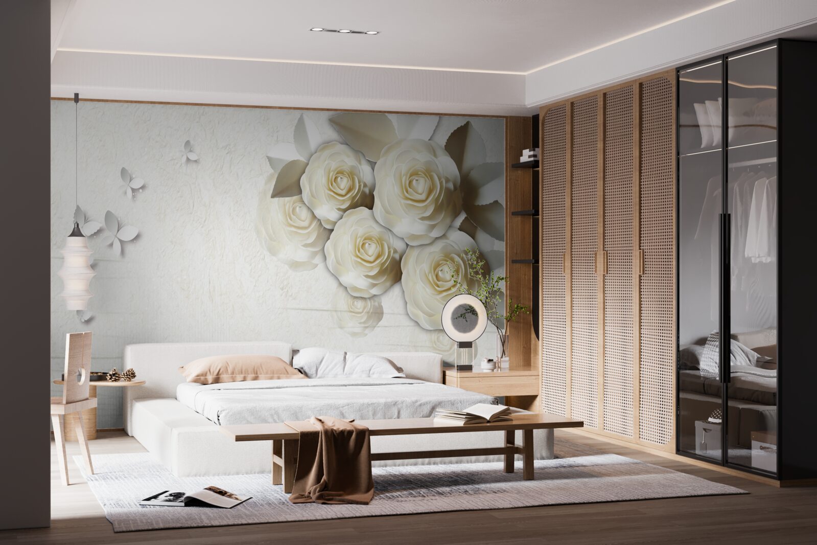 Papier peint papillons et roses blanches