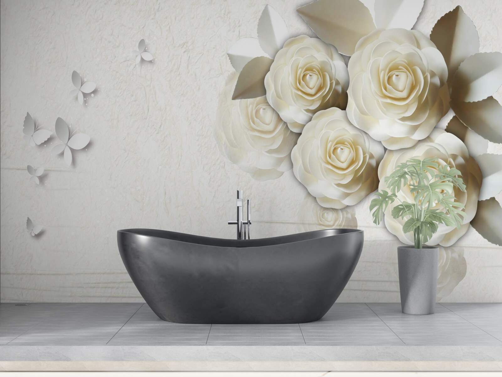 Papier peint papillons et roses blanches