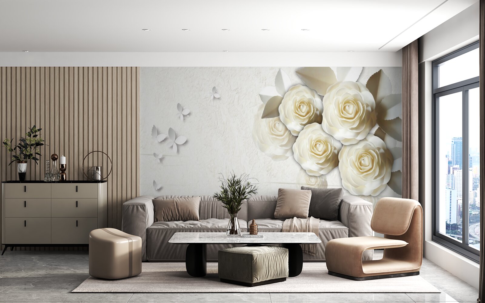 Papier peint papillons et roses blanches