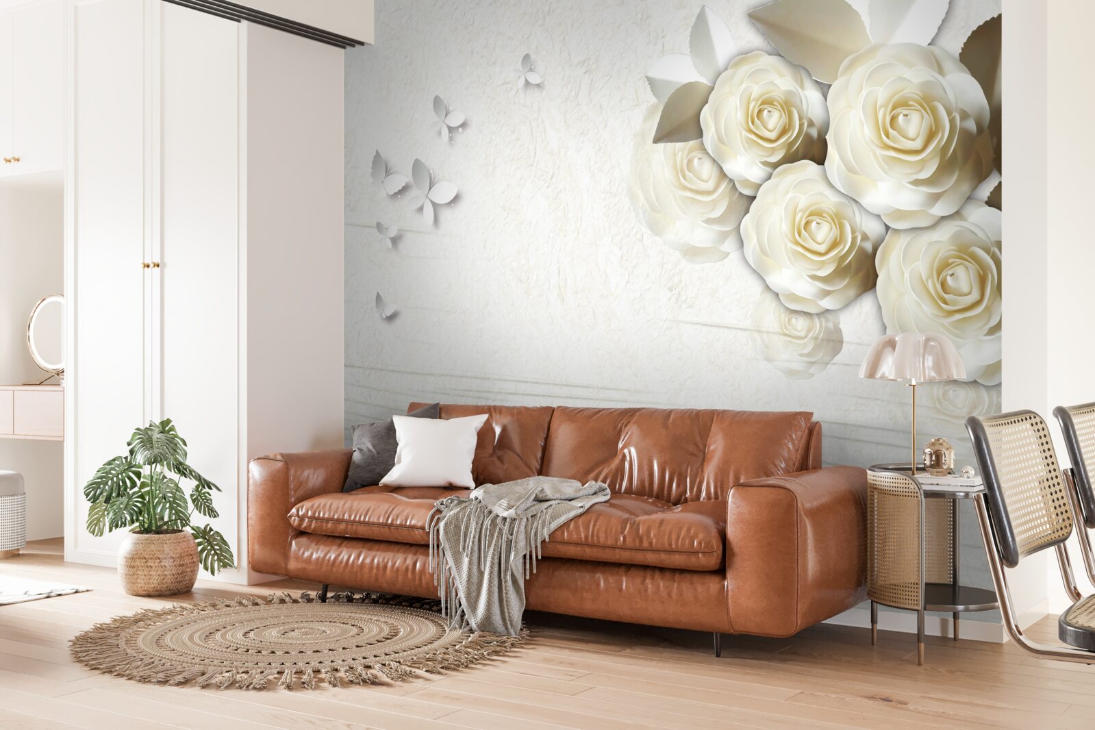 Papier peint papillons et roses blanches