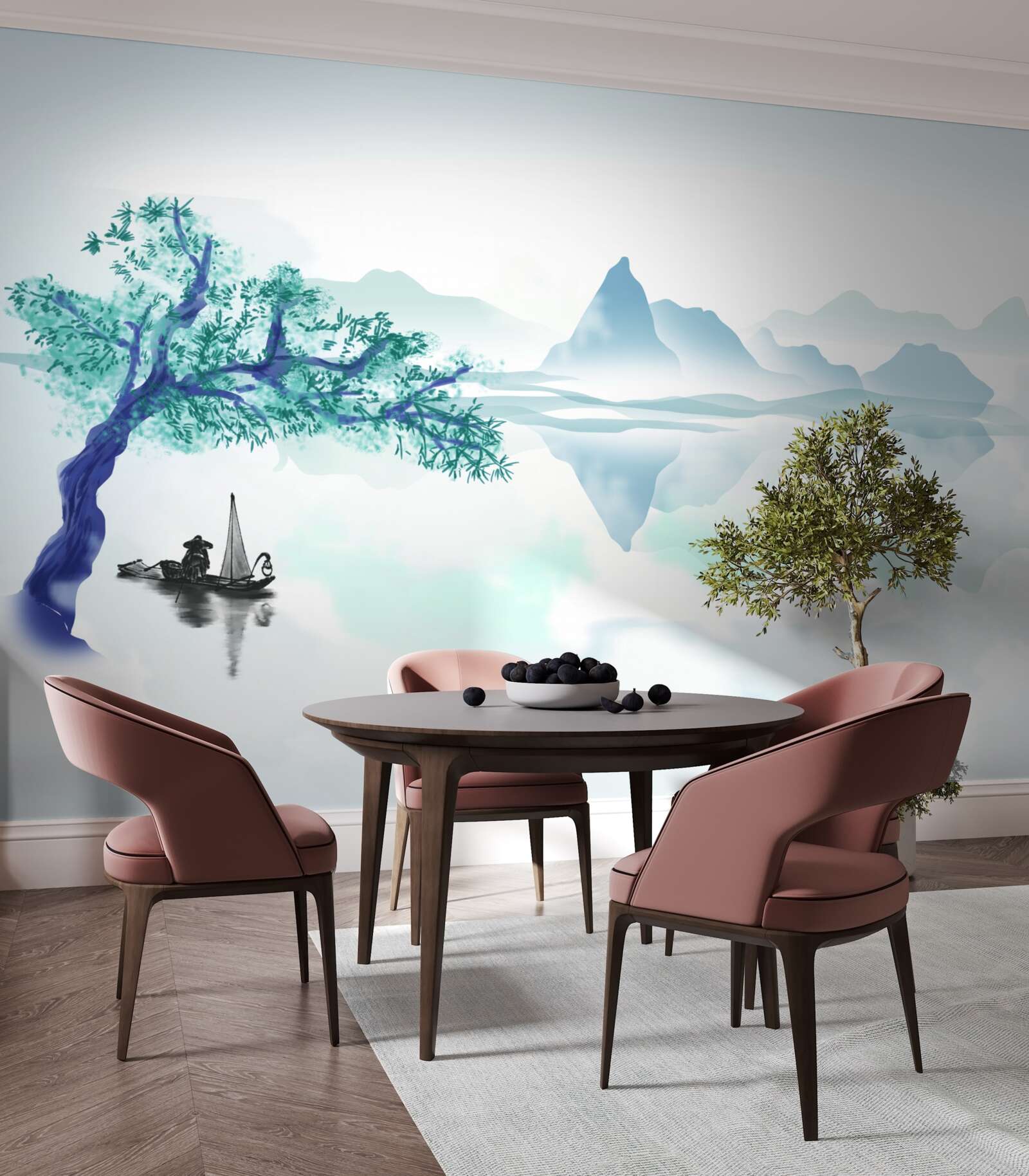 Papier peint un pêcheur solitaire près d'un tronc d'arbre sur la rive d'un réservoir