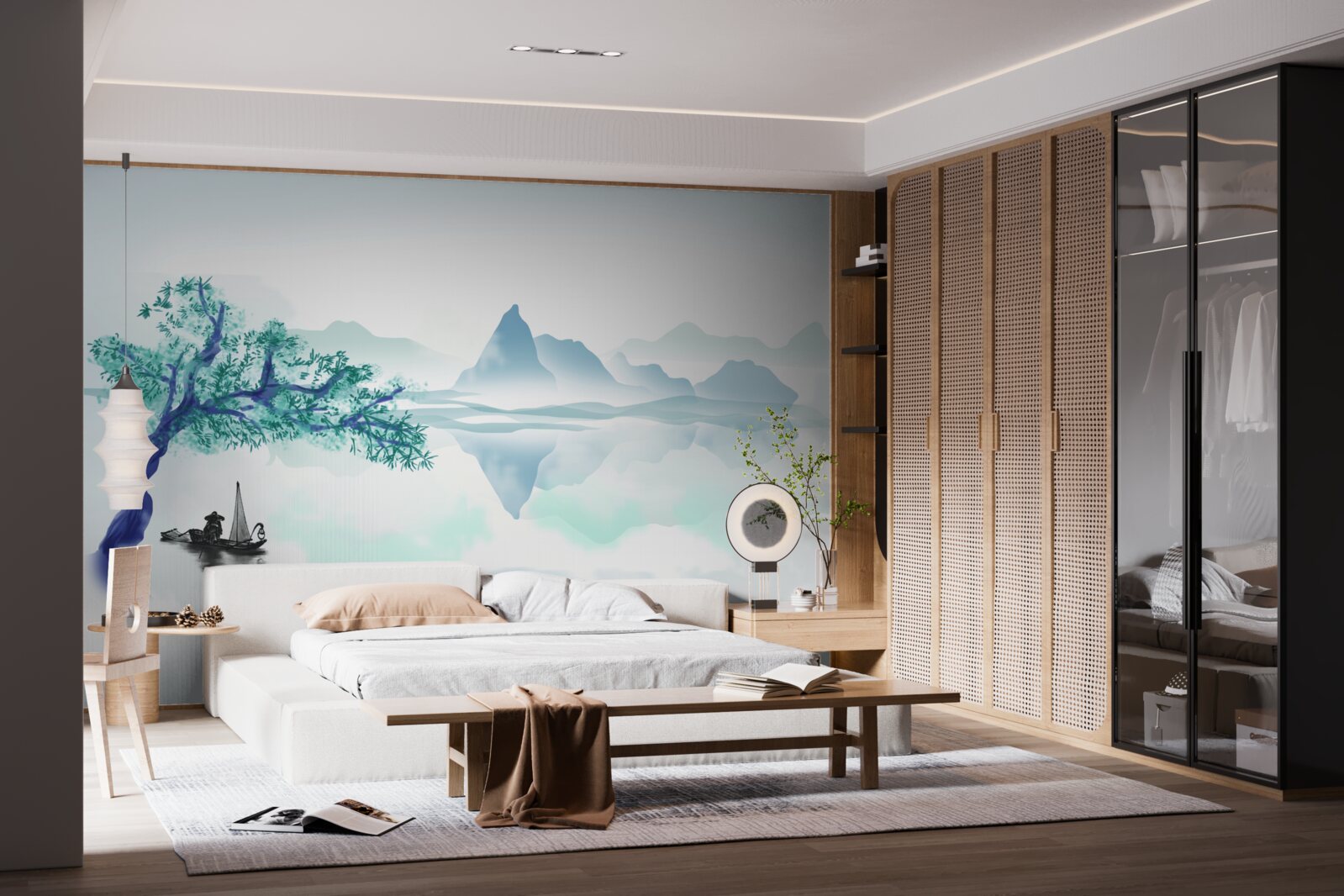 Papier peint un pêcheur solitaire près d'un tronc d'arbre sur la rive d'un réservoir