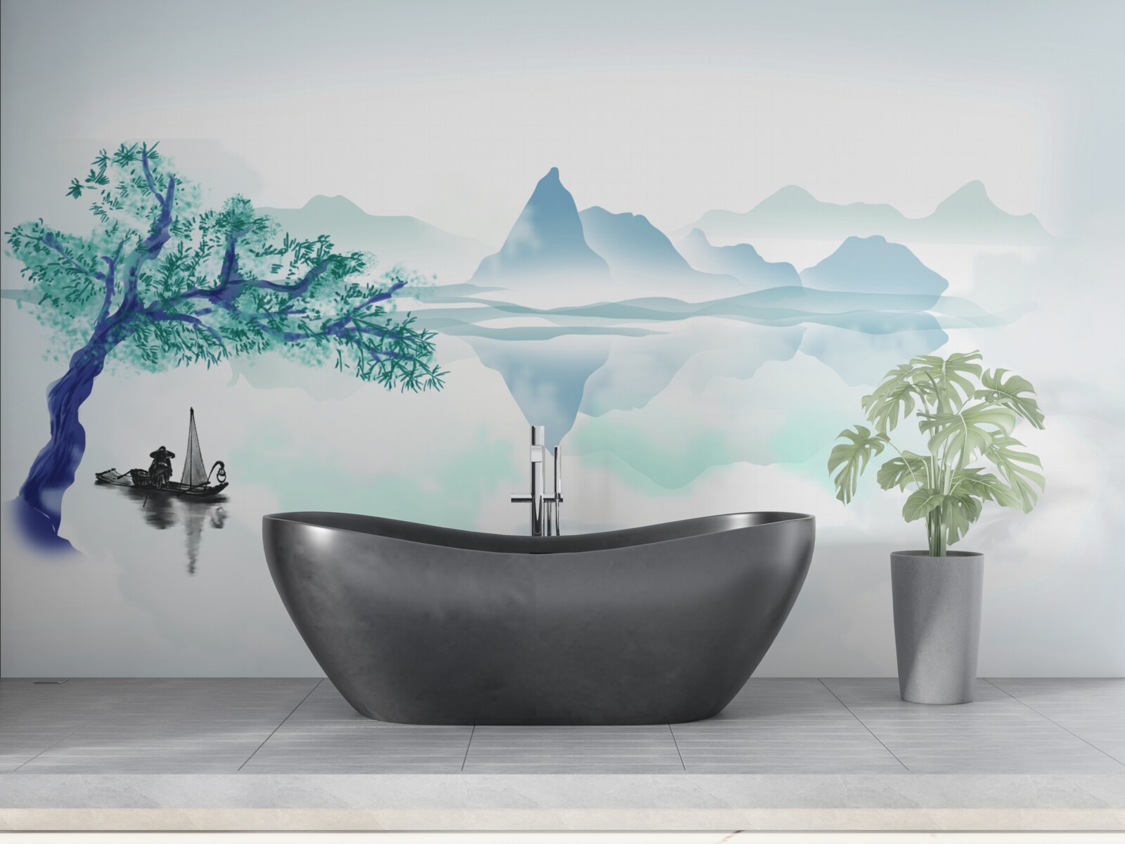 Papier peint un pêcheur solitaire près d'un tronc d'arbre sur la rive d'un réservoir