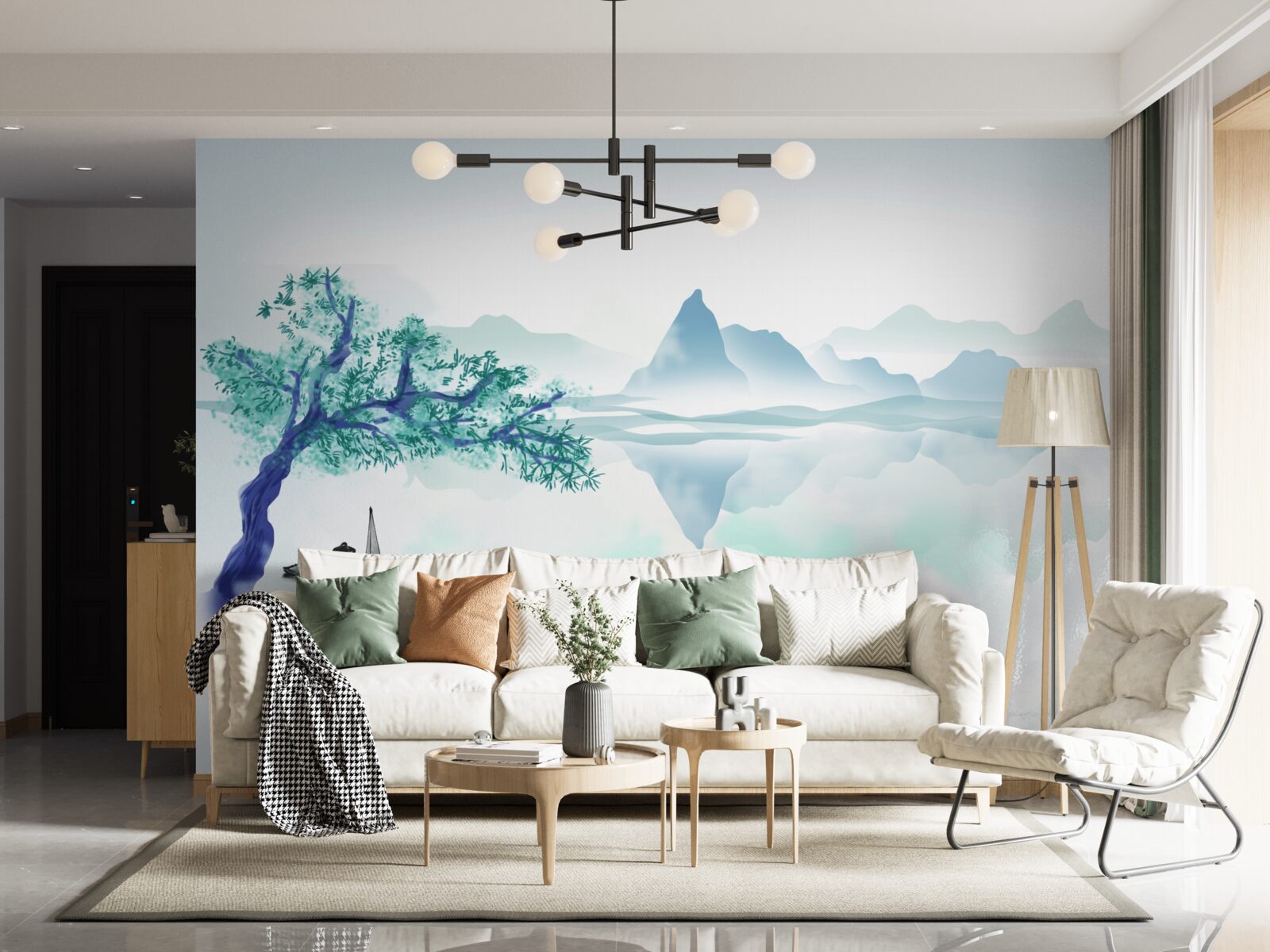 Papier peint un pêcheur solitaire près d'un tronc d'arbre sur la rive d'un réservoir