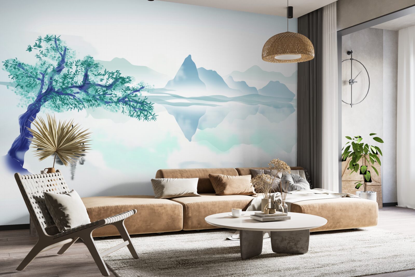 Papier peint un pêcheur solitaire près d'un tronc d'arbre sur la rive d'un réservoir