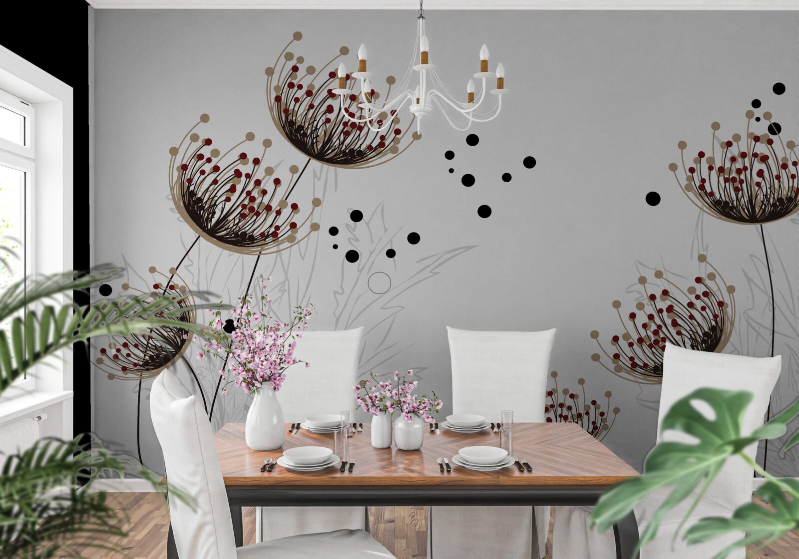 Papier peint fond blanc décoré de pissenlits