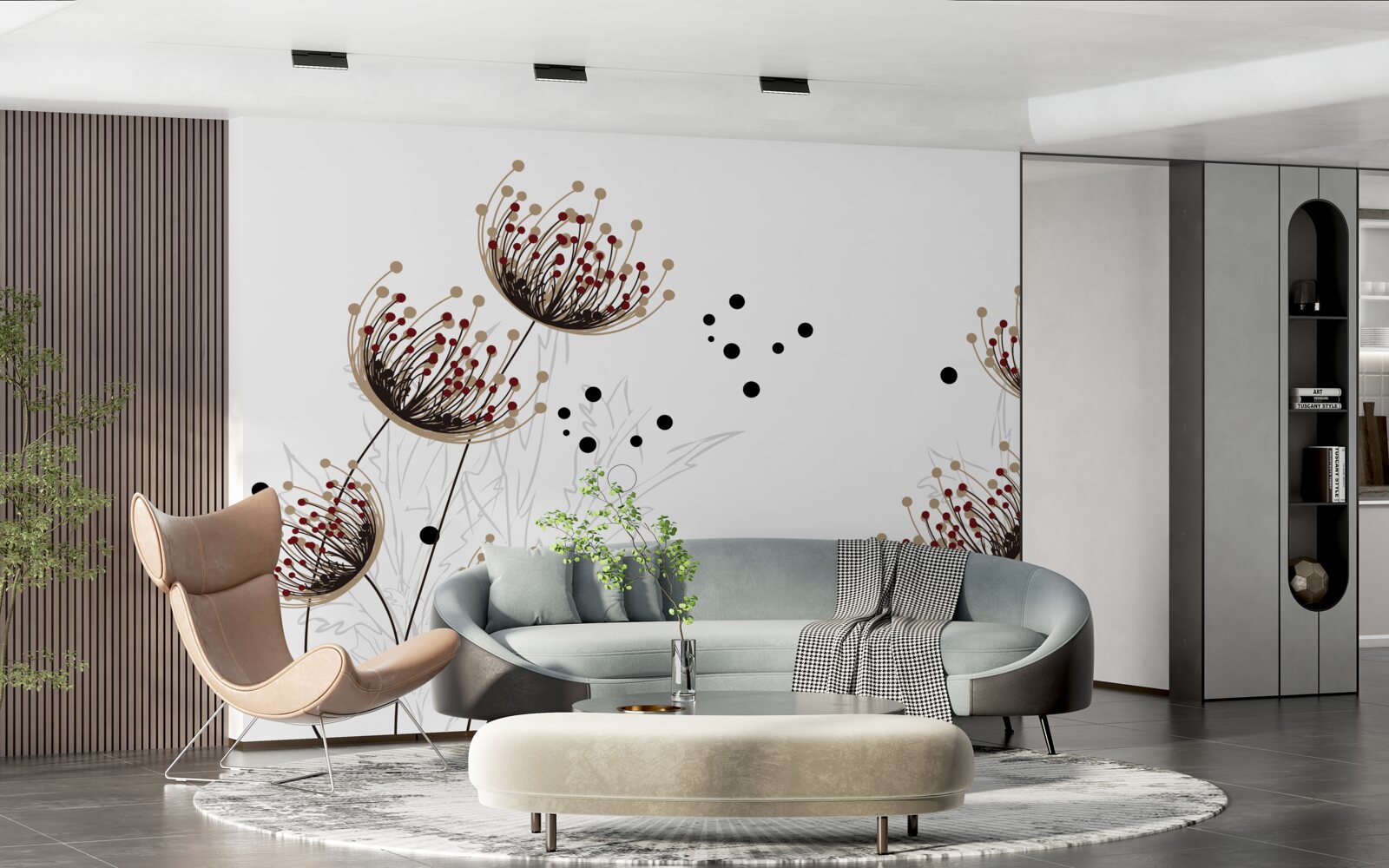 Papier peint fond blanc décoré de pissenlits