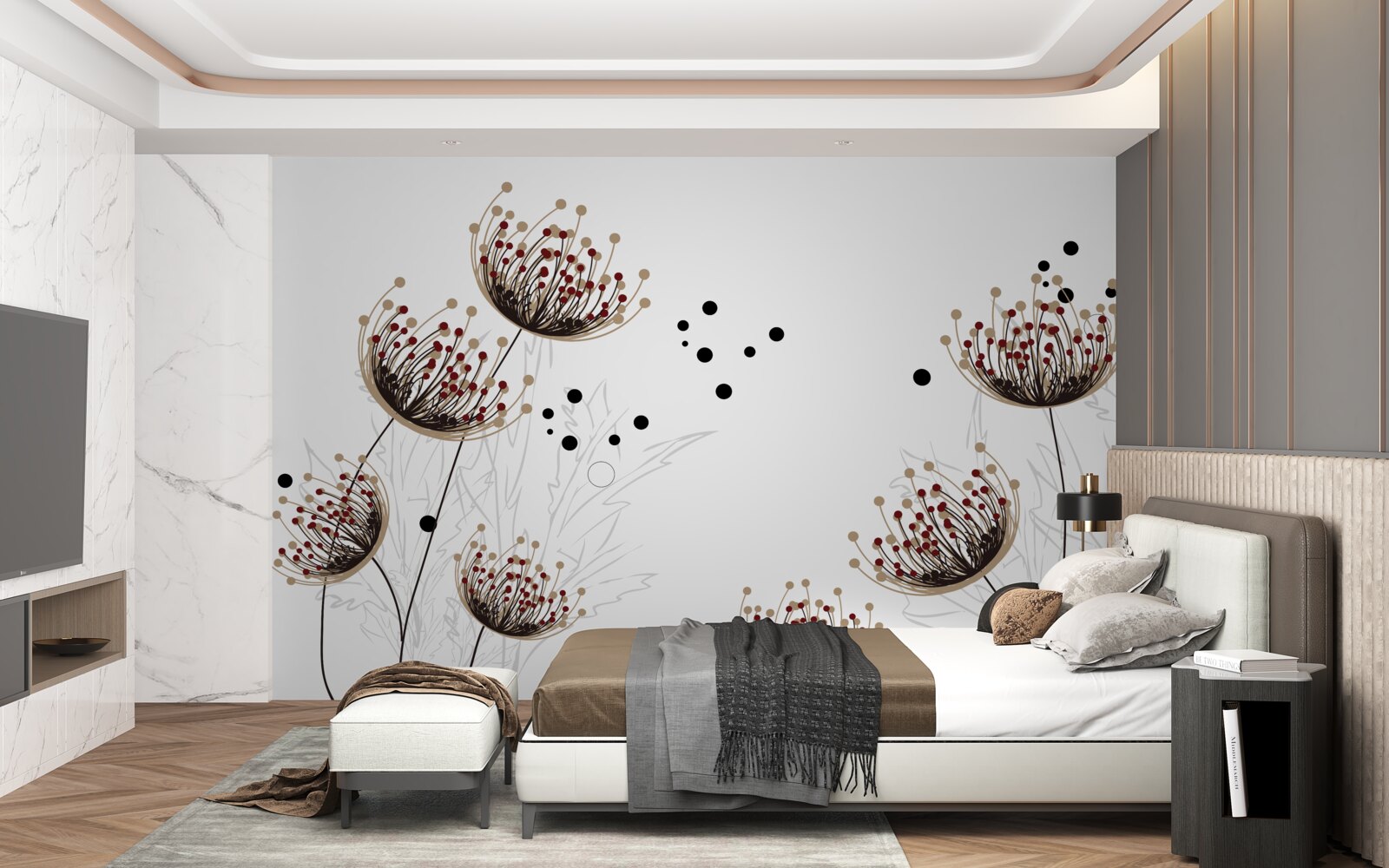 Papier peint fond blanc décoré de pissenlits