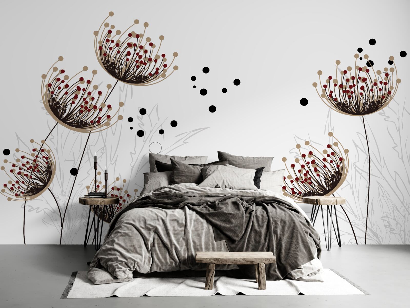 Papier peint fond blanc décoré de pissenlits