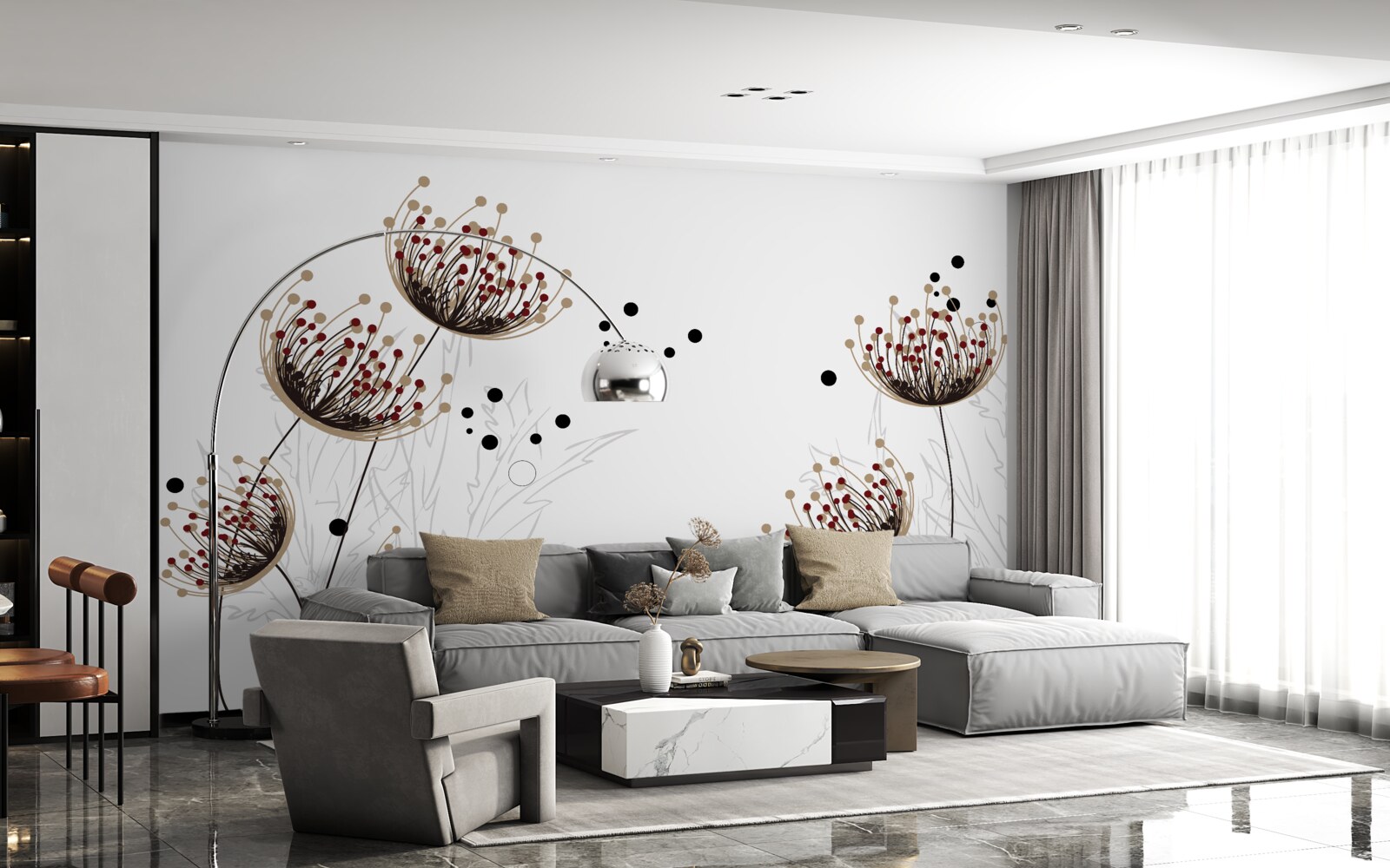 Papier peint fond blanc décoré de pissenlits