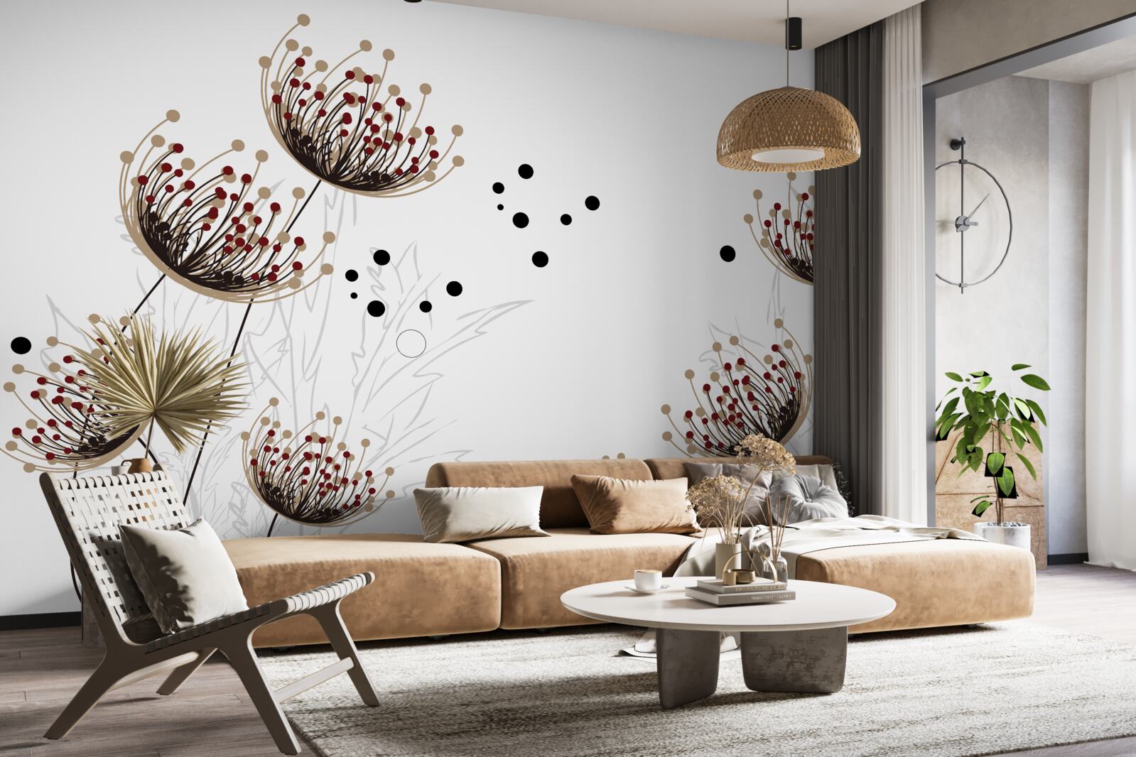 Papier peint fond blanc décoré de pissenlits