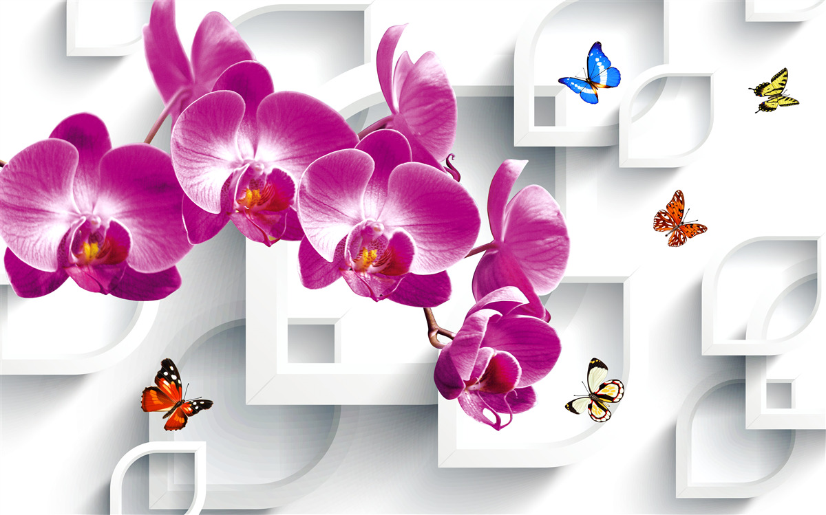Papier peint orchidée lilas décorée de papillons