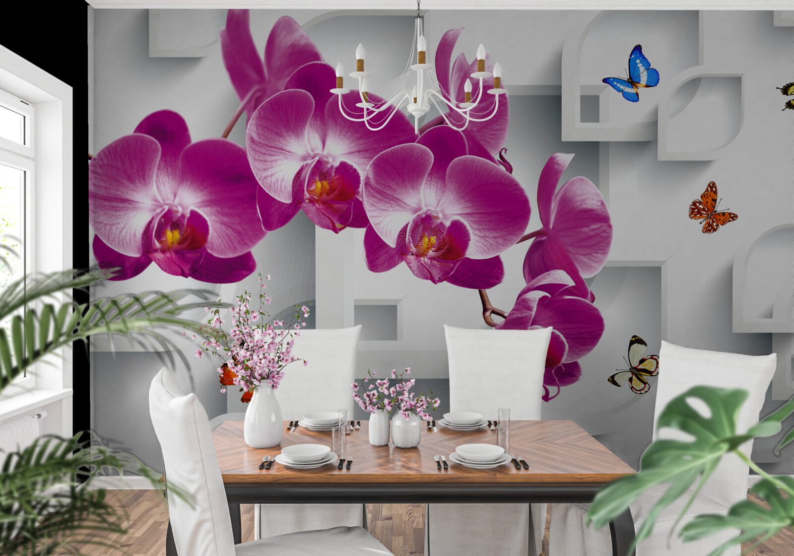 Papier peint orchidée lilas décorée de papillons