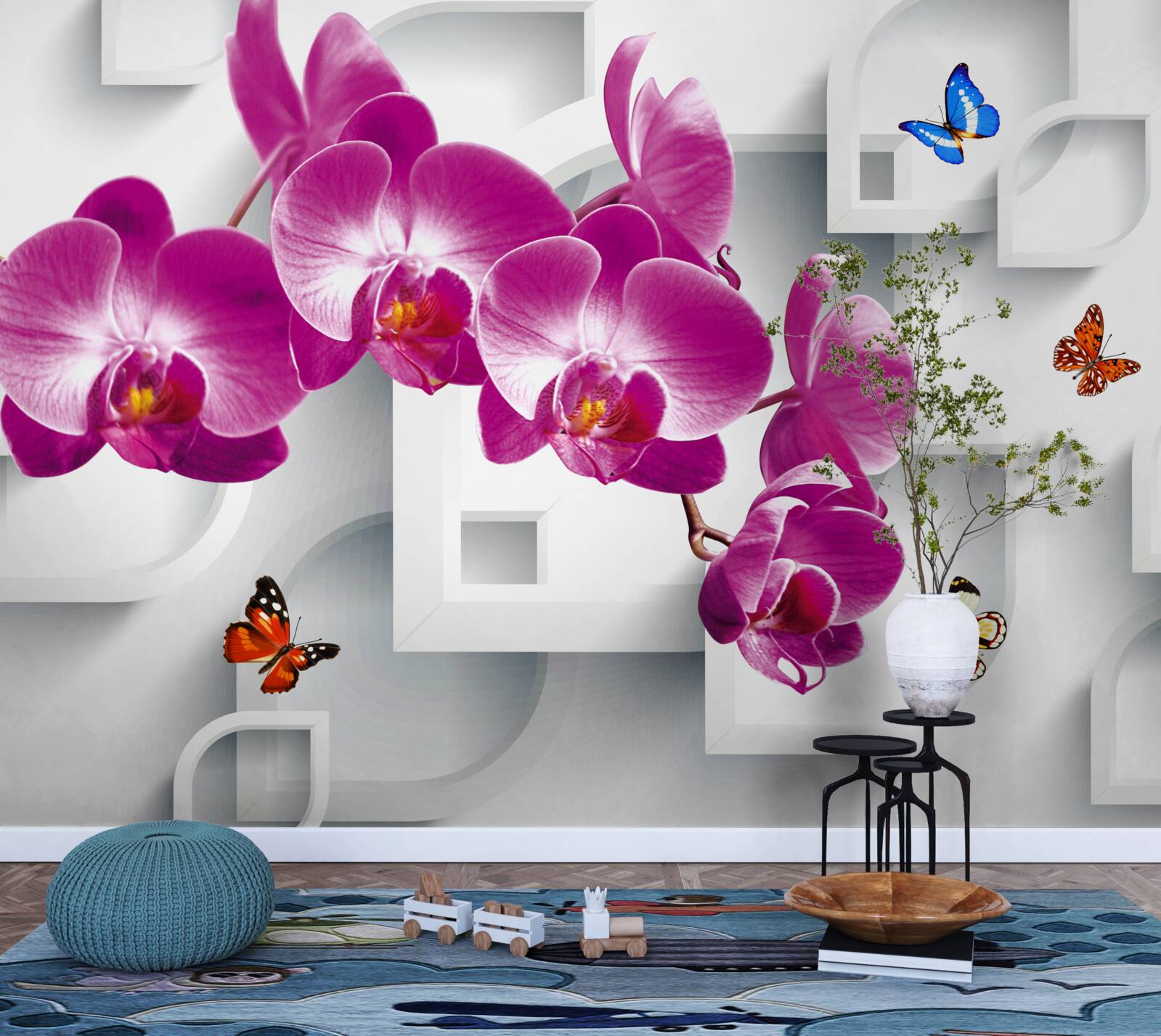 Papier peint orchidée lilas décorée de papillons