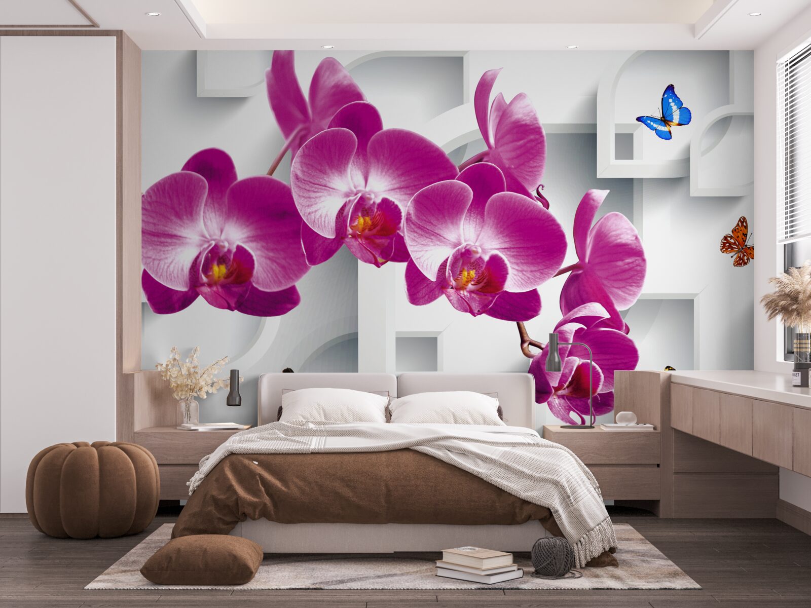 Papier peint orchidée lilas décorée de papillons