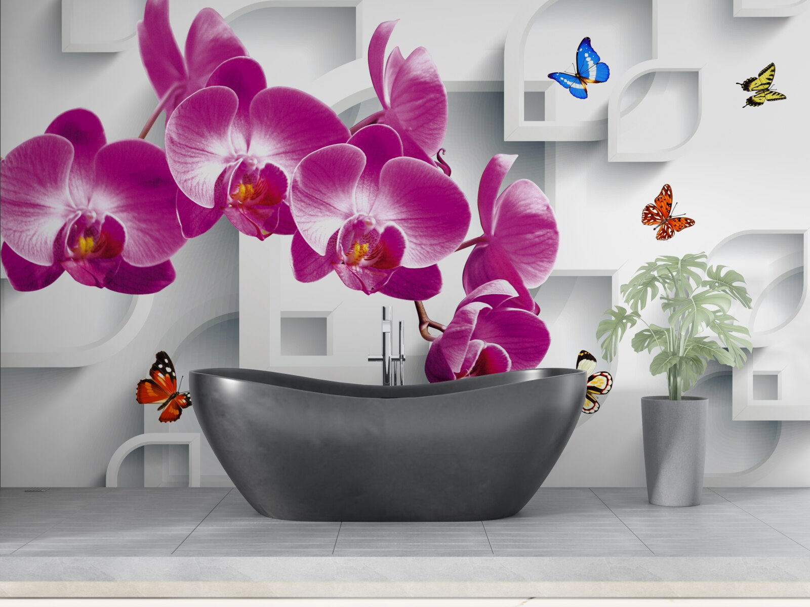 Papier peint orchidée lilas décorée de papillons